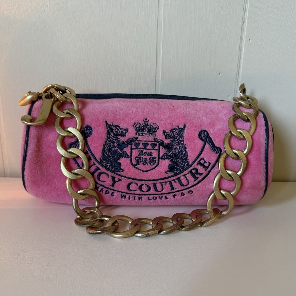 Y2K VTG Rare Juicy Couture Pink Terry Cloth Barrel Shoulder Bag Purse Charms